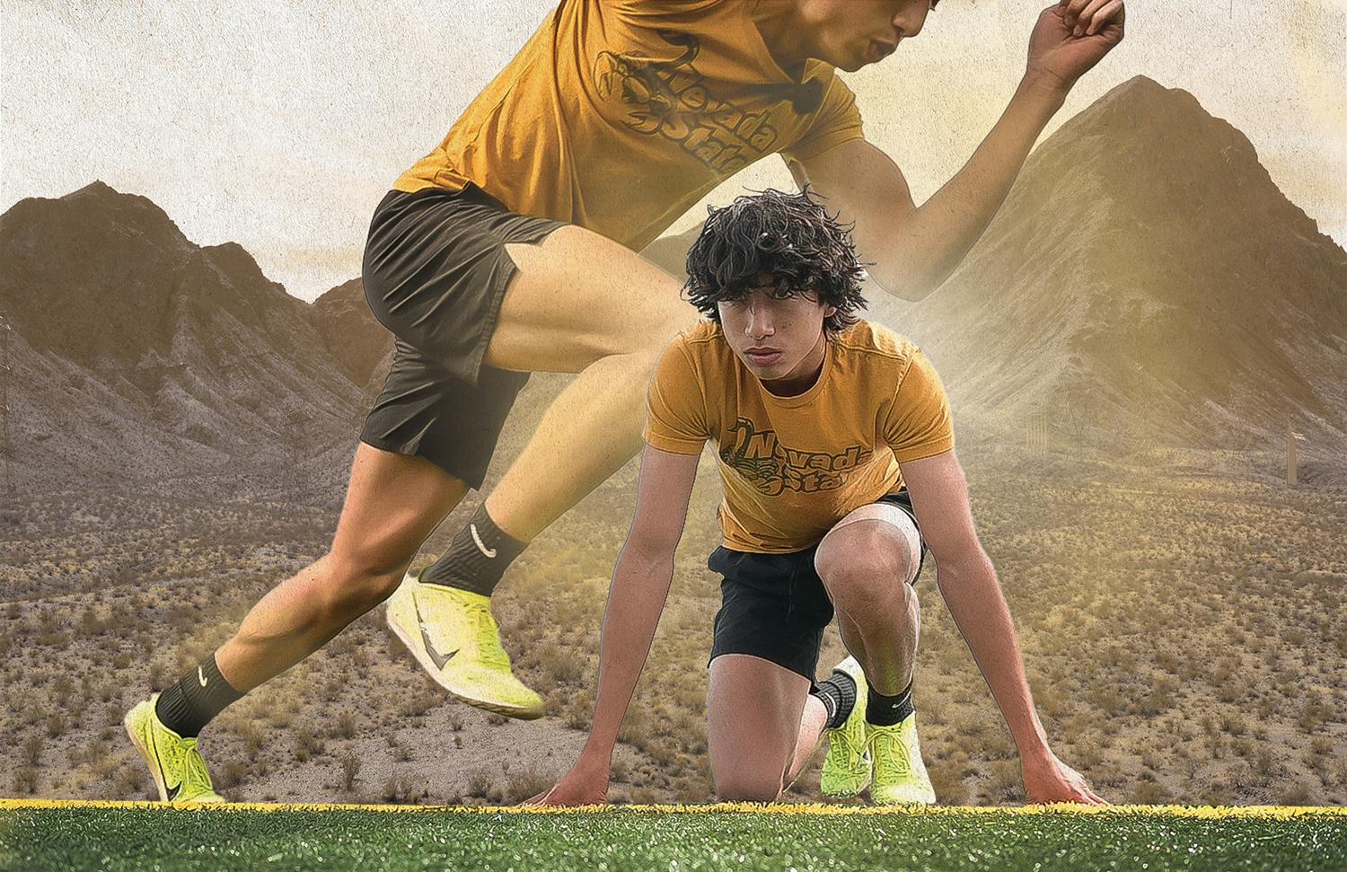 Male track athlete in Nevada State uniform in starting position, ready to sprint