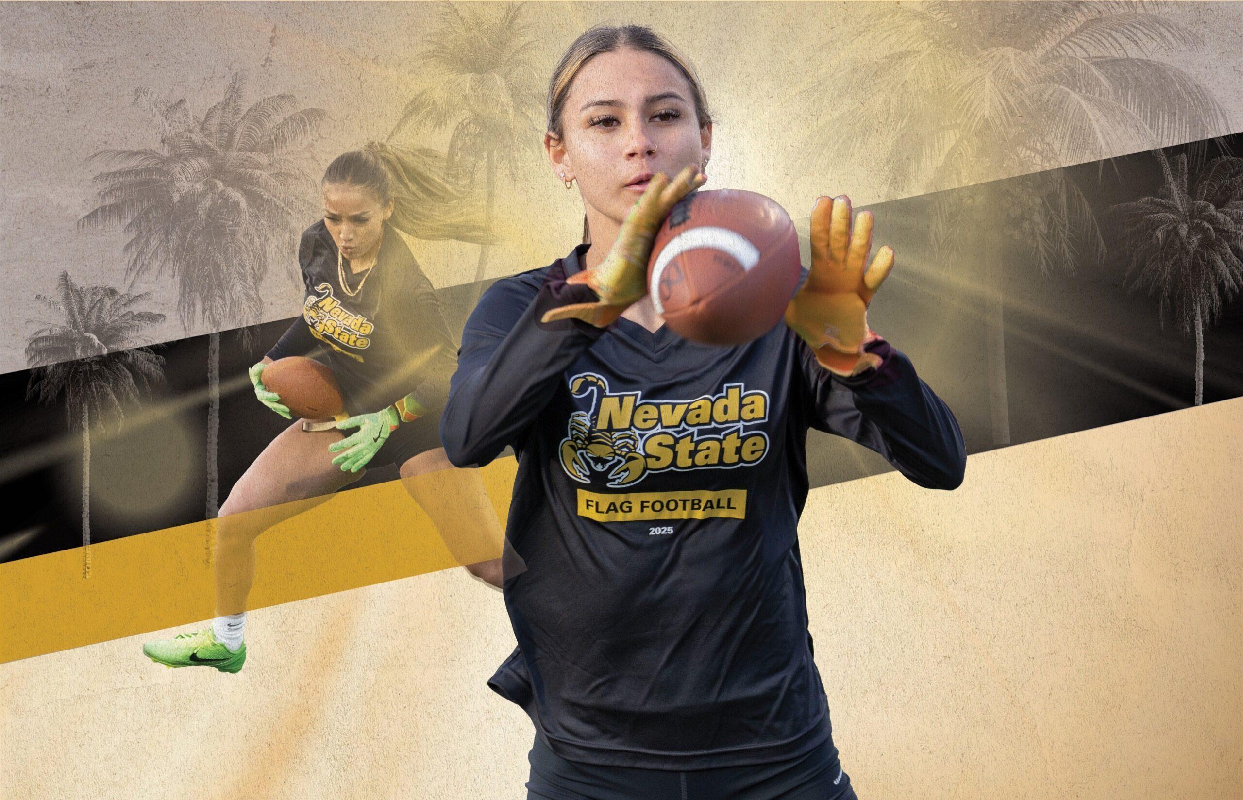 Female flag football player in Nevada State gold jersey preparing to catch a football with determined focus